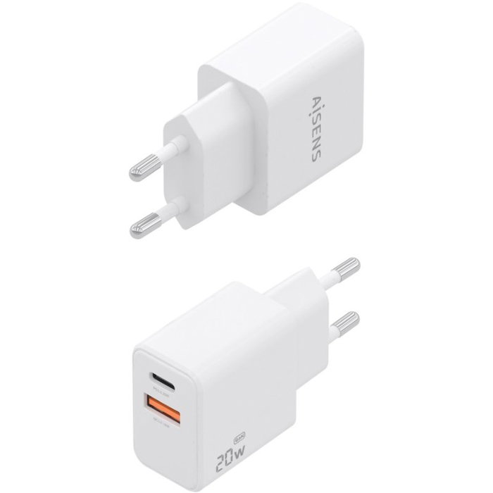 Aisens Cargador GaN 20W con USB-C PD 3.0 y USB-A QC 3.0, Blanco